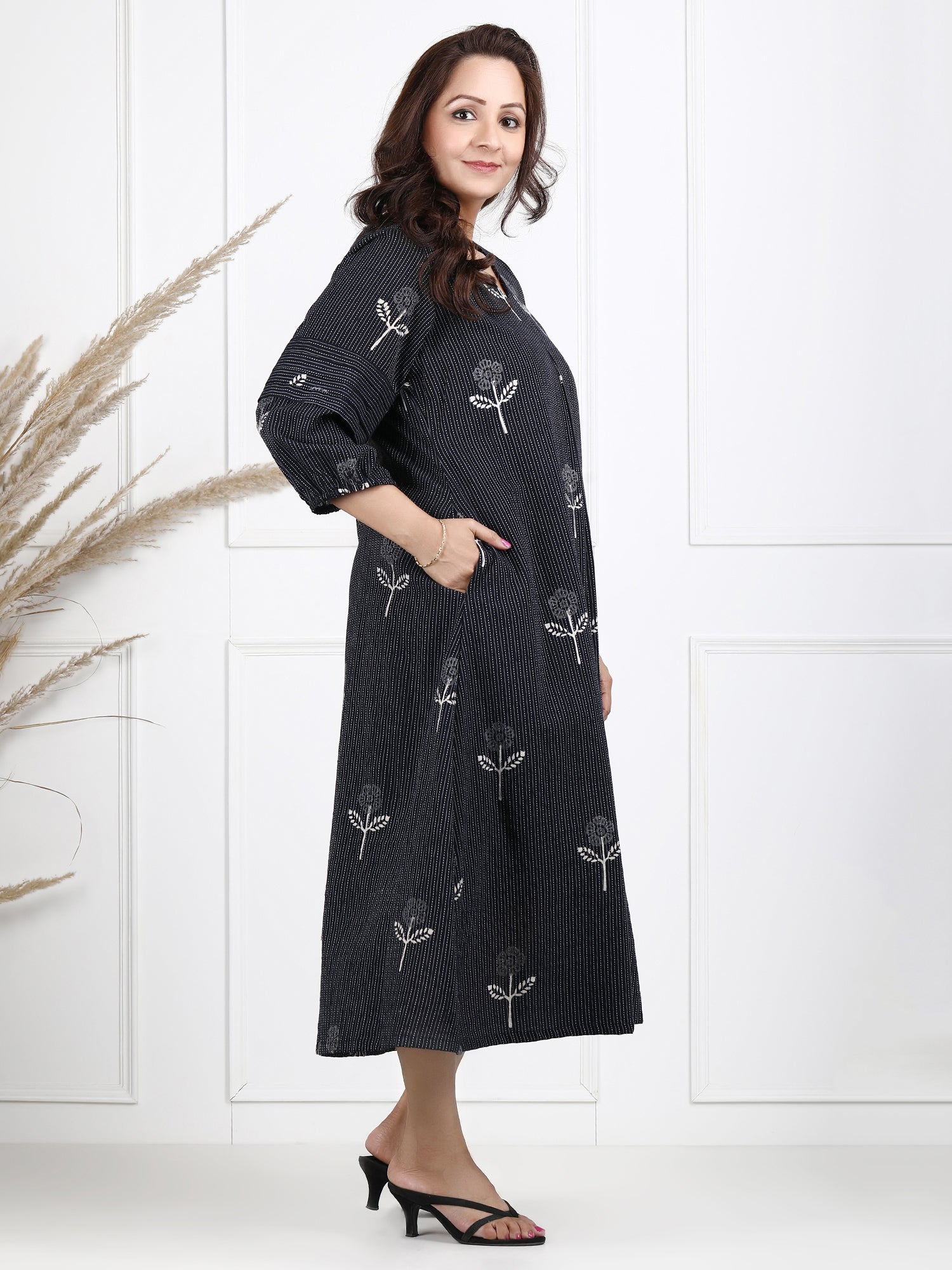 Kantha work block print dress for women