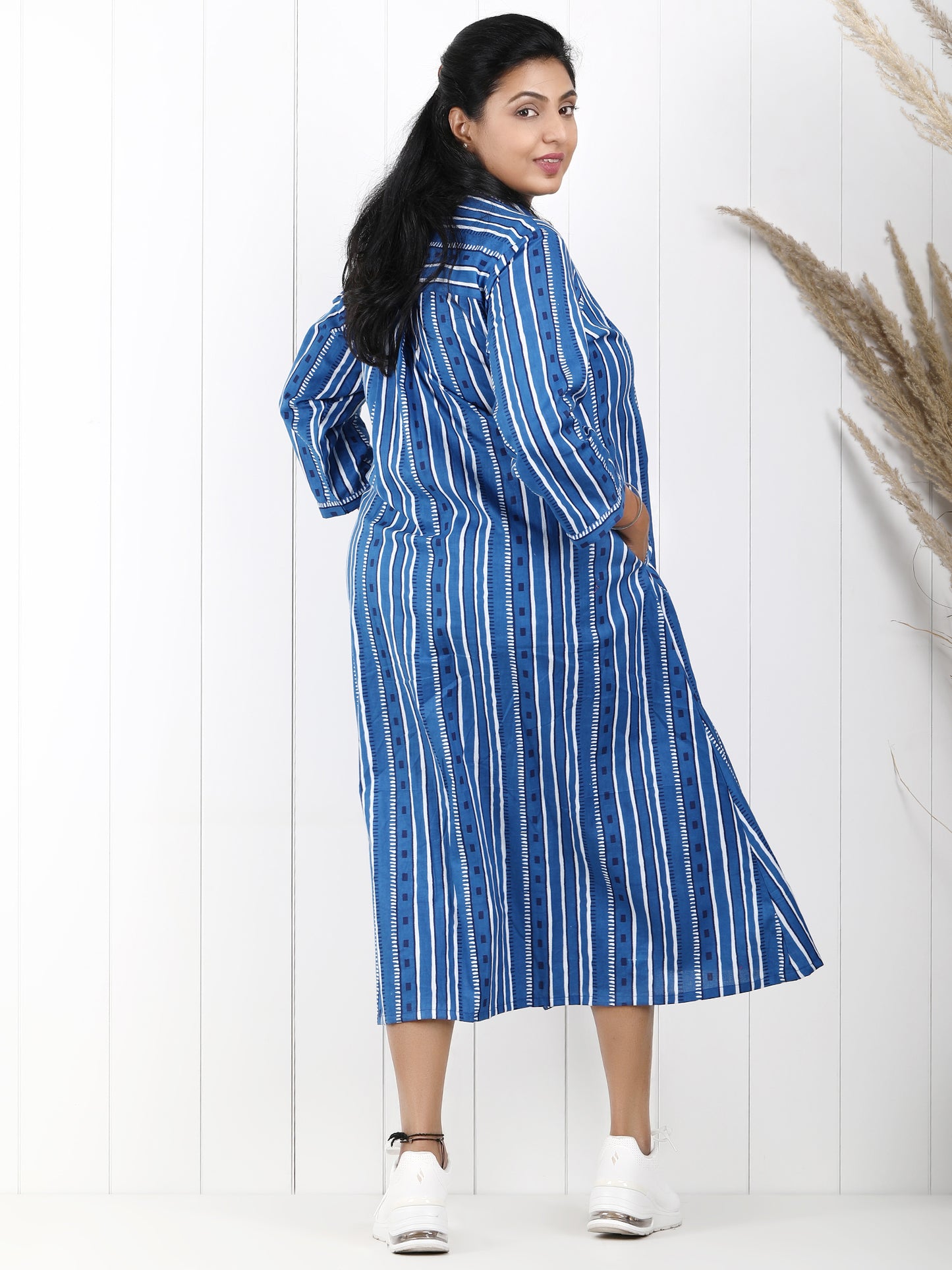 Cotton striped dress in blue color for women