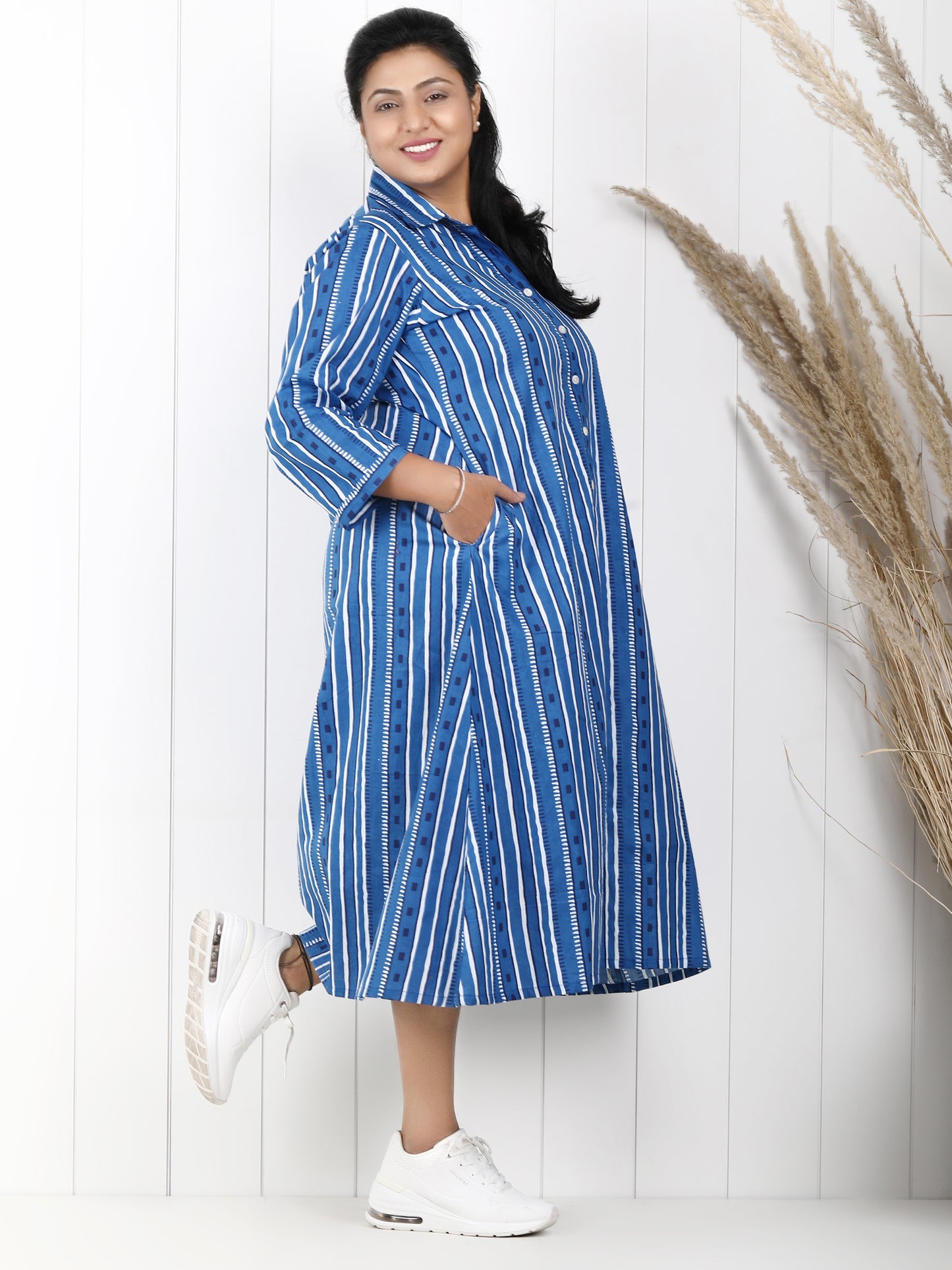 Blue striped dress for women