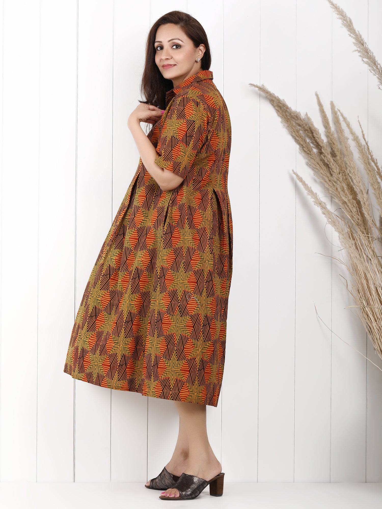 Ajrakh Cotton Midi Dress for plus sizes 