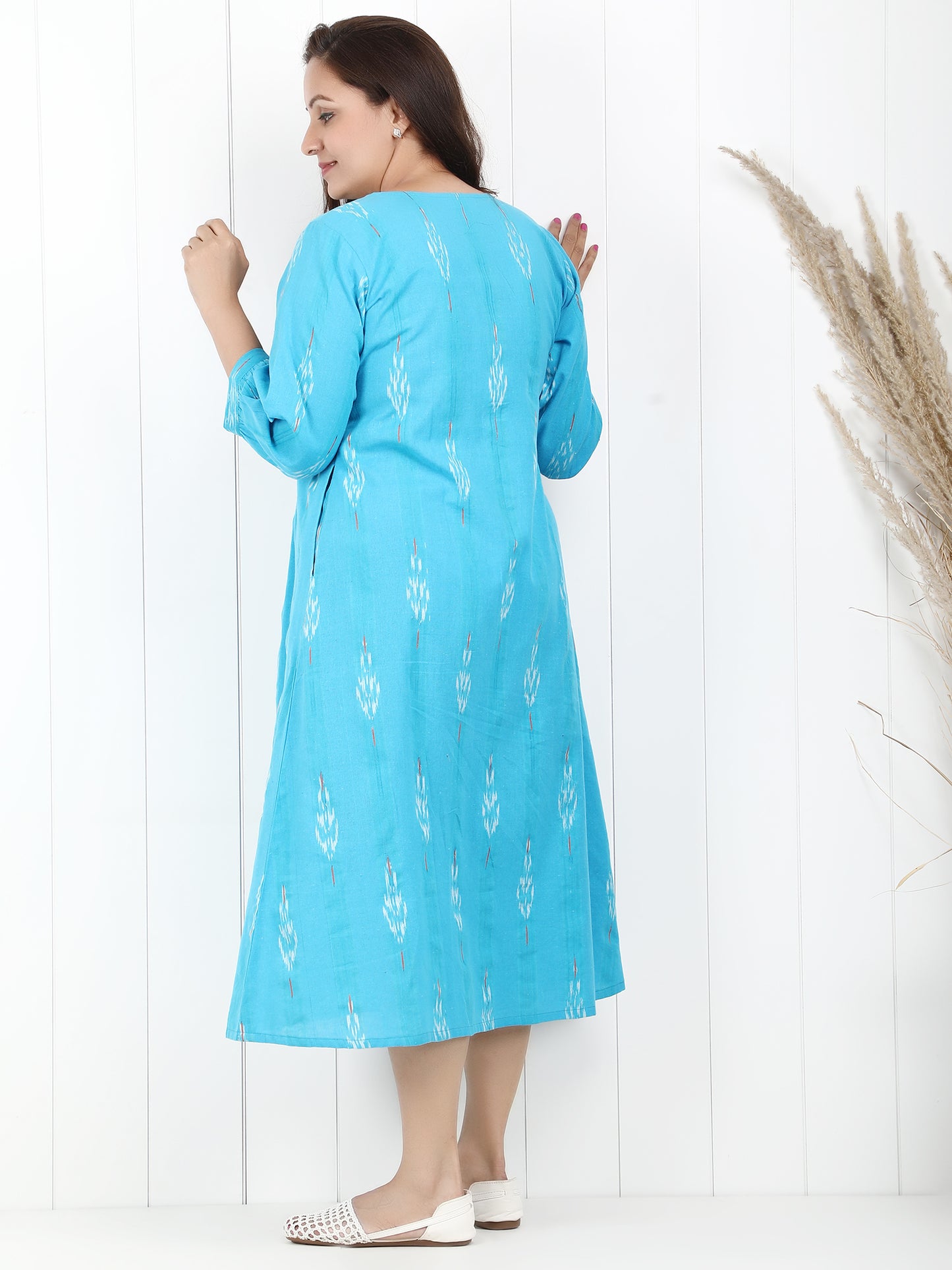 Blue Ikkat cotton yoke dress
