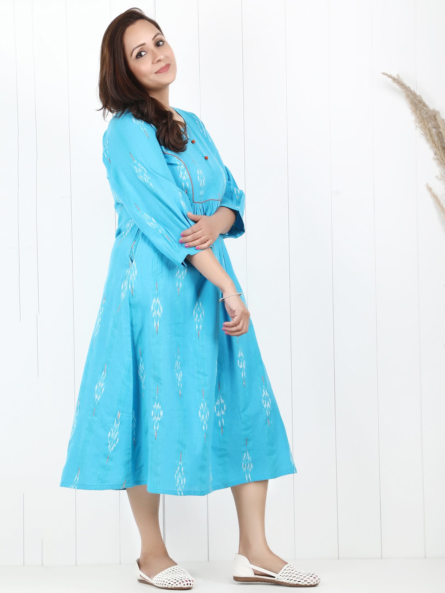 Blue Ikkat cotton yoke dress