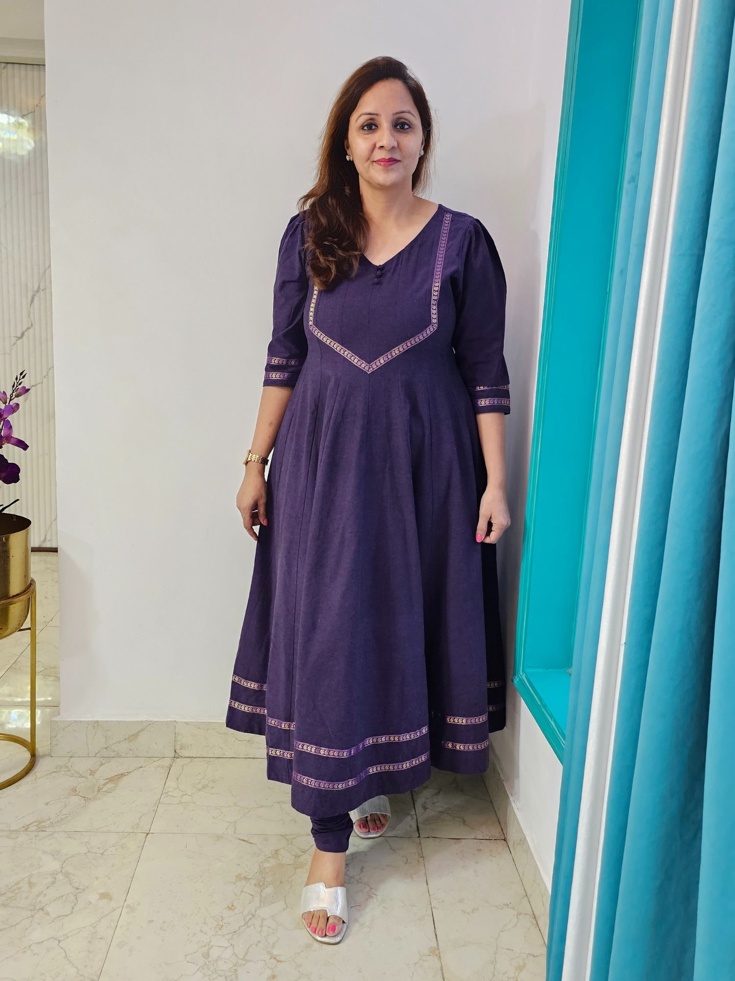 Purple Ikkat cotton festive kurti set 