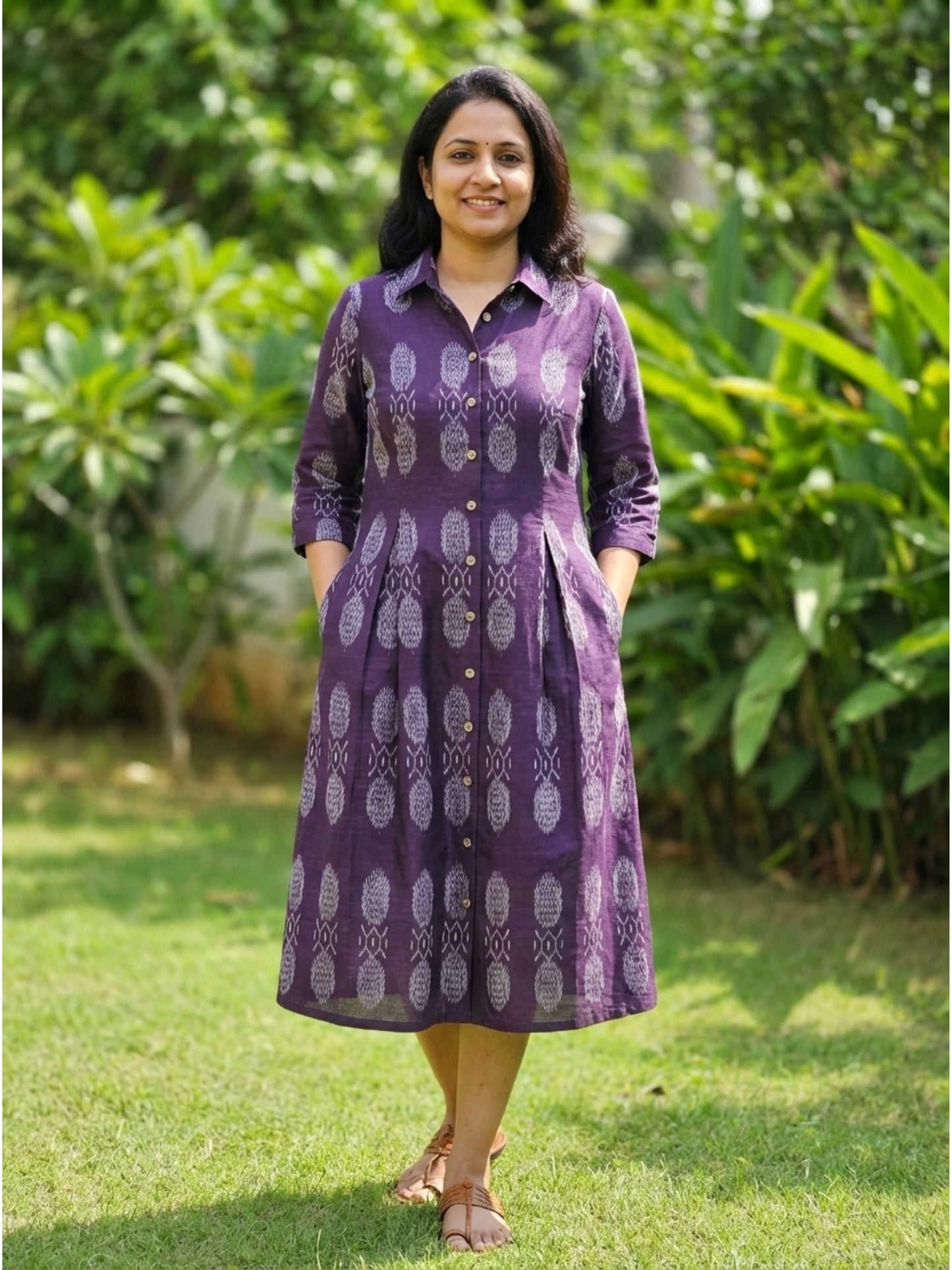 Purple ikat cotton midi dress for women with front buttons