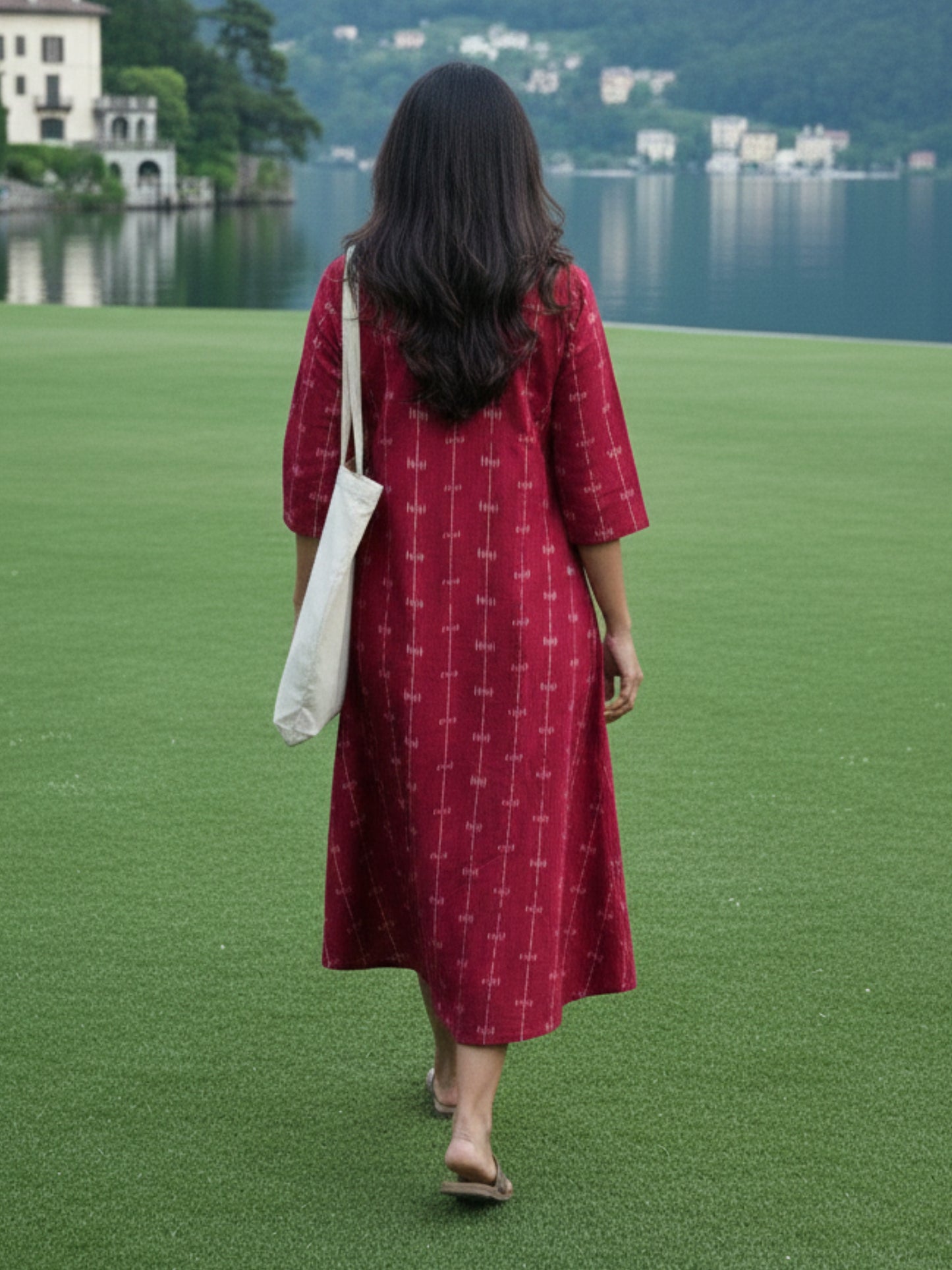 Red Vacation Wear Ikat handloom cotton Dress for women by Darzaania