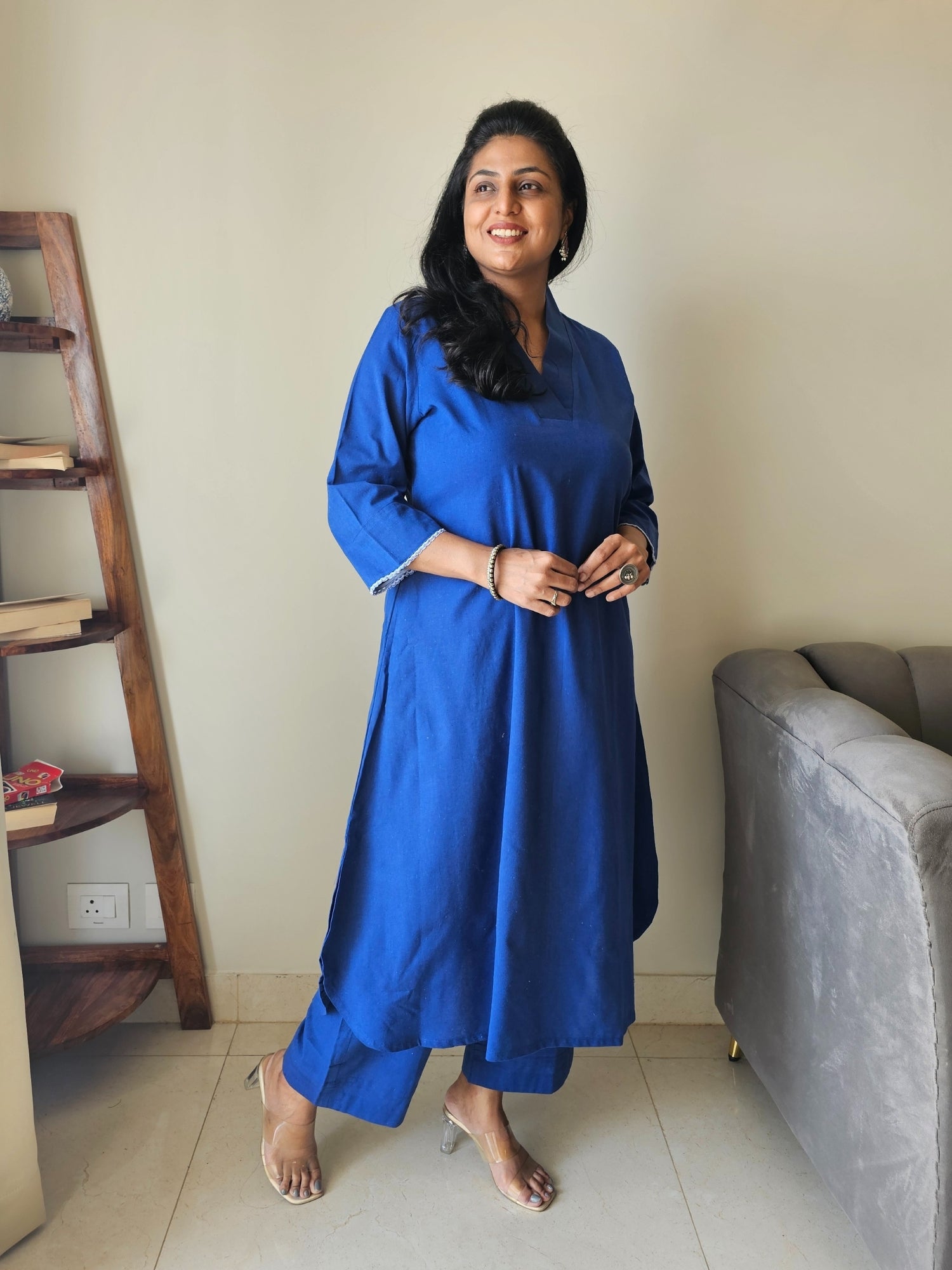 Solid Blue Ikkat Kurta with 3/4 Sleeves – Women’s Co-ord Set