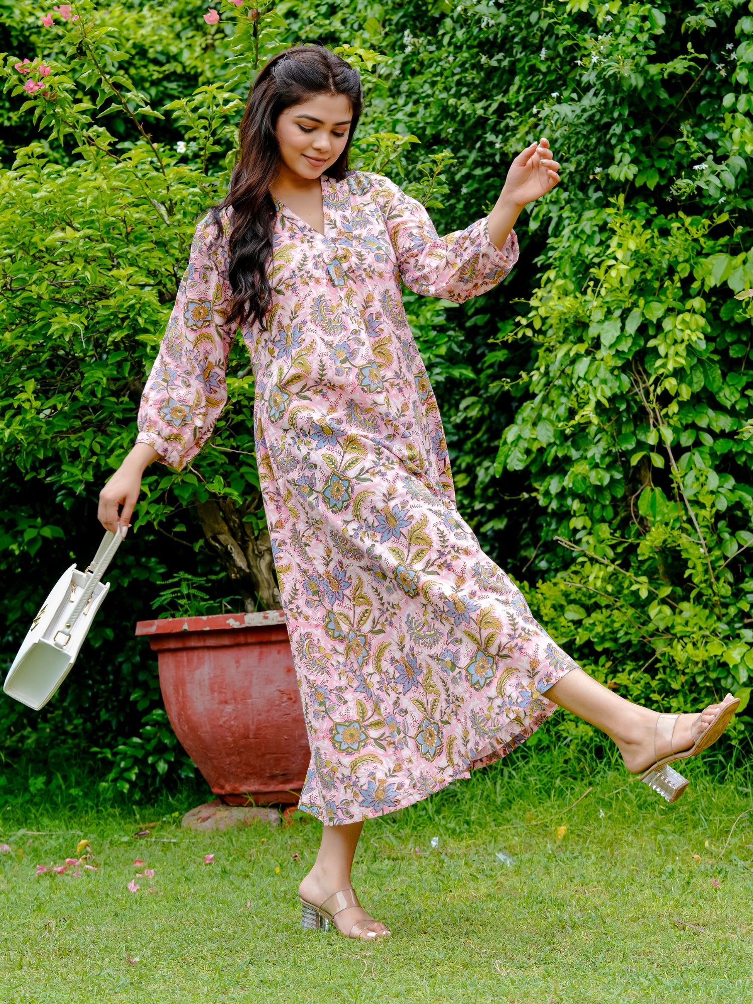 pink floral pure cotton dress for women