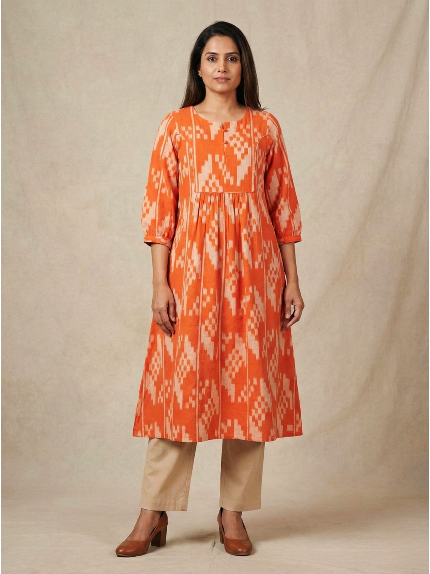 Orange Handloom Ikat Cotton Kurta