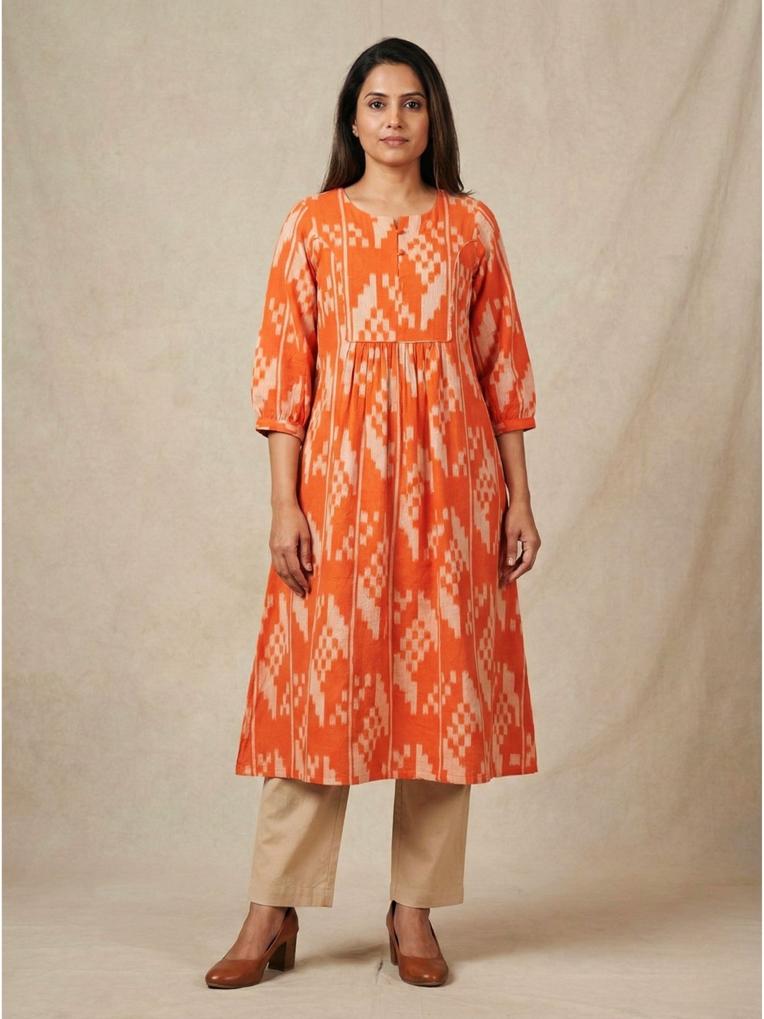 Orange Handloom Ikat Cotton Kurta
