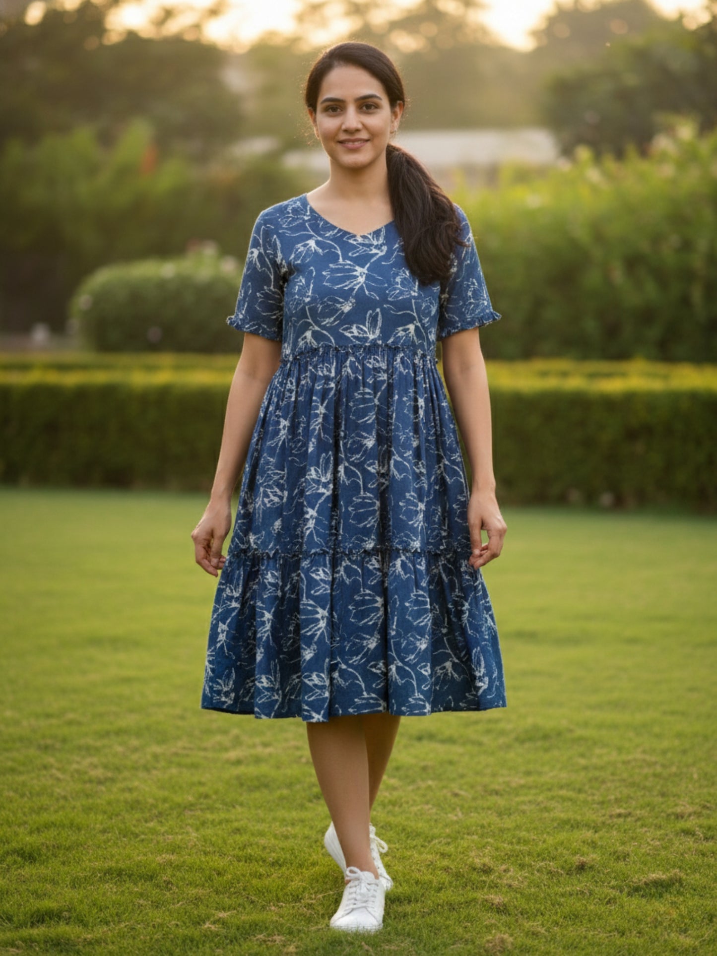 Natural Indigo Cotton Floral Midi Dress