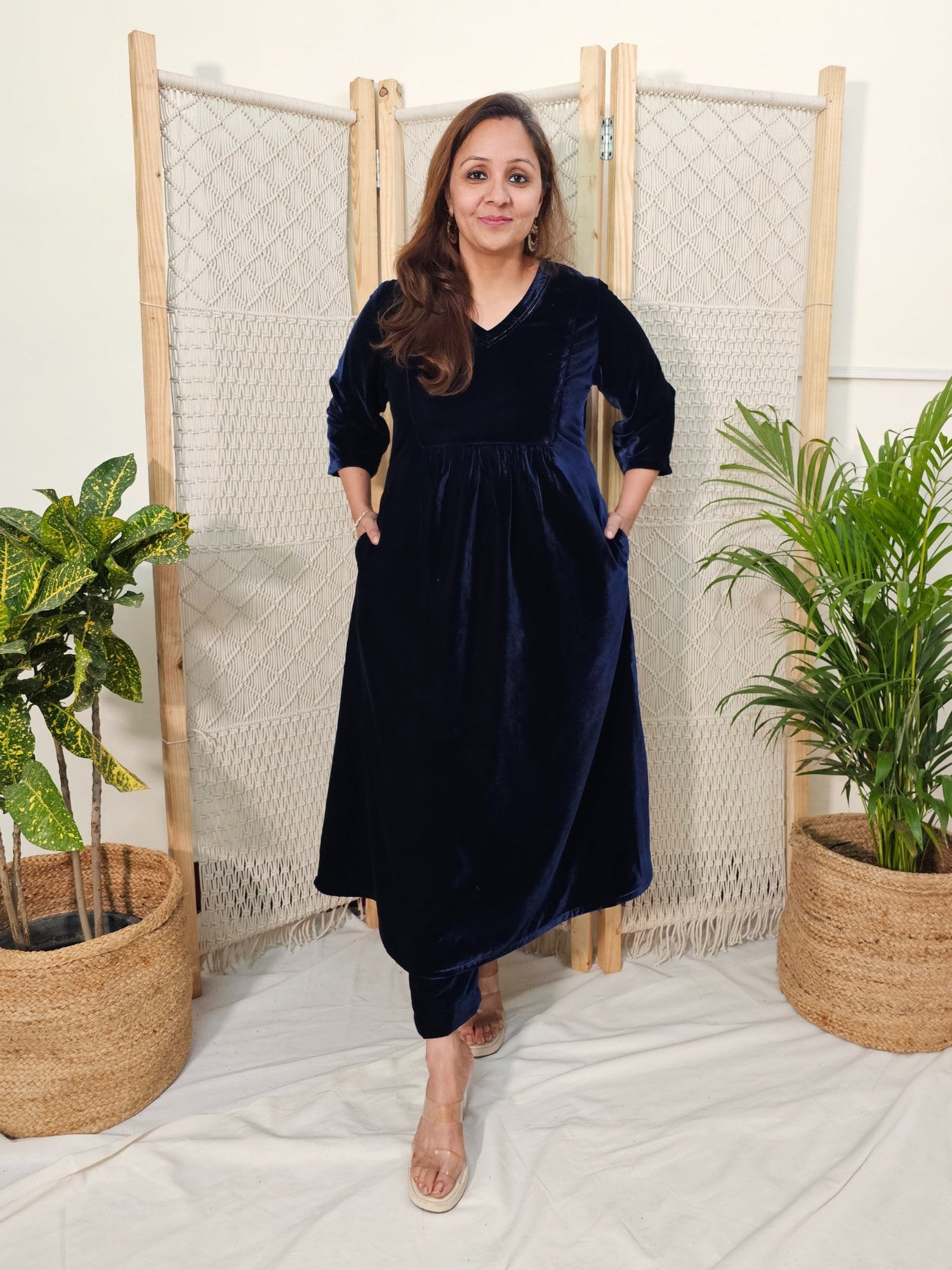 Blue Velvet Kurta Set with Velvet Pants