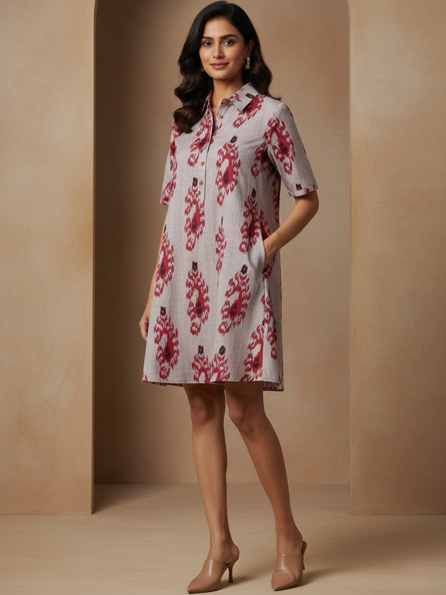 Premium Ikat Handloom cotton short swing dress for women with shirt collar and free-flowing silhouette, front view