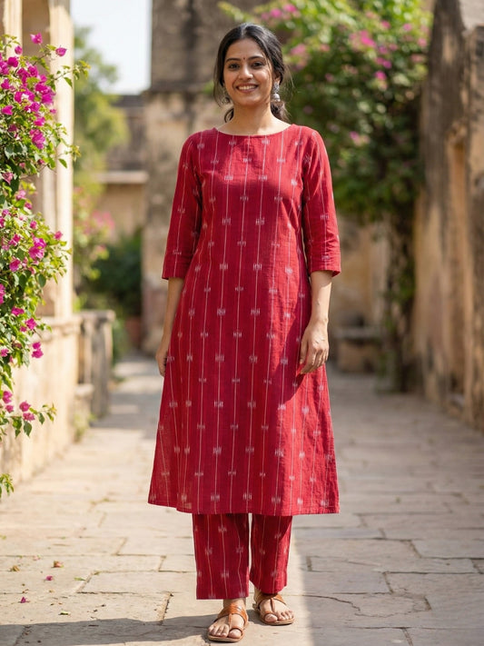 Darzaania Subtle Red Ikkat Kurta with Pants set