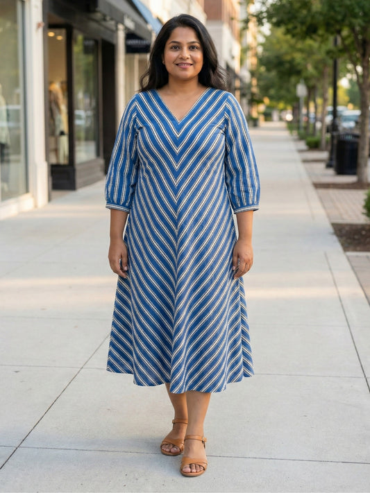 Blue striped dress for women, front view, handcrafted cotton dress with relaxed fit and pockets