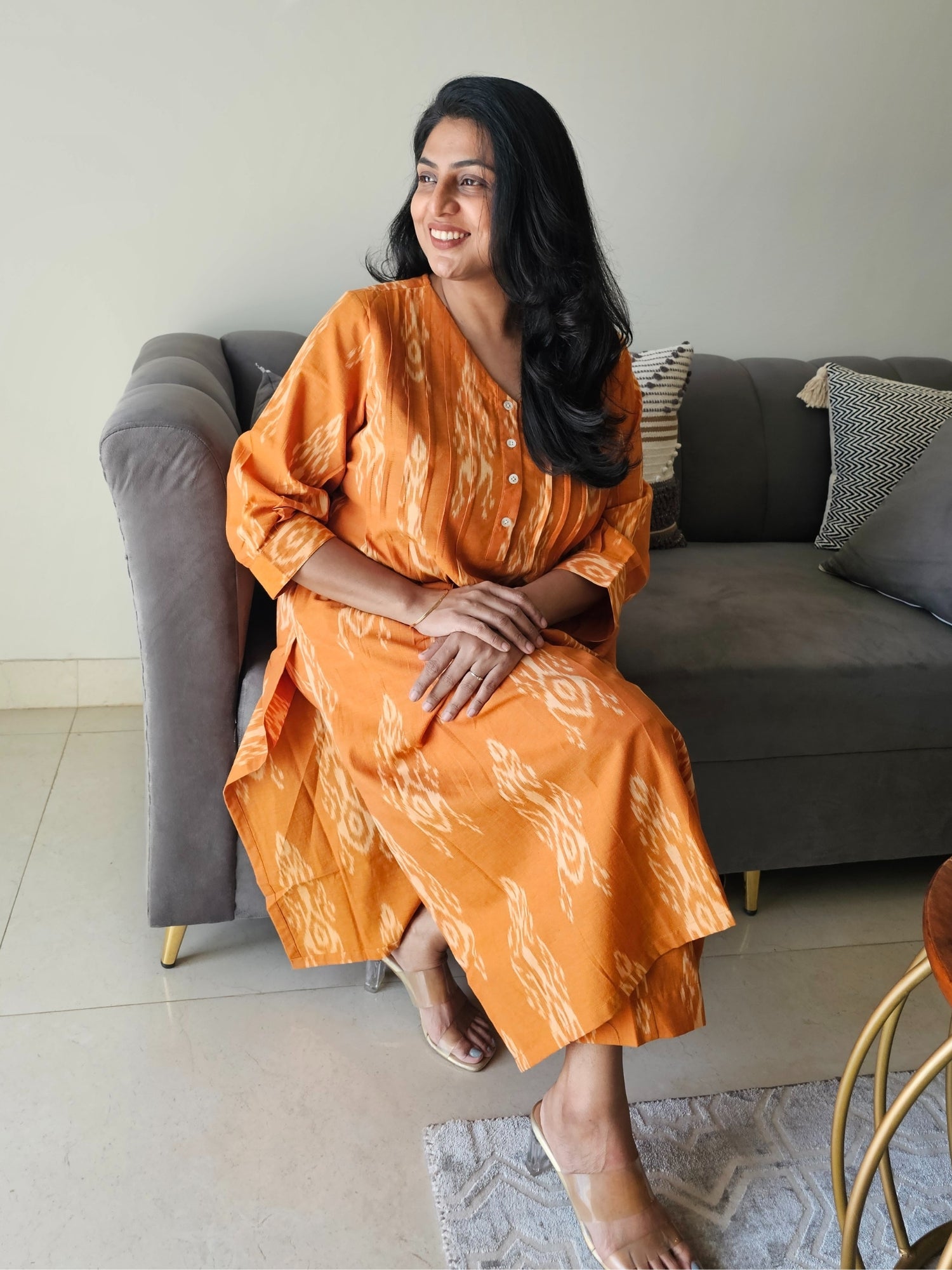 mustard ikkat cotton co-ord set with kurta and pants