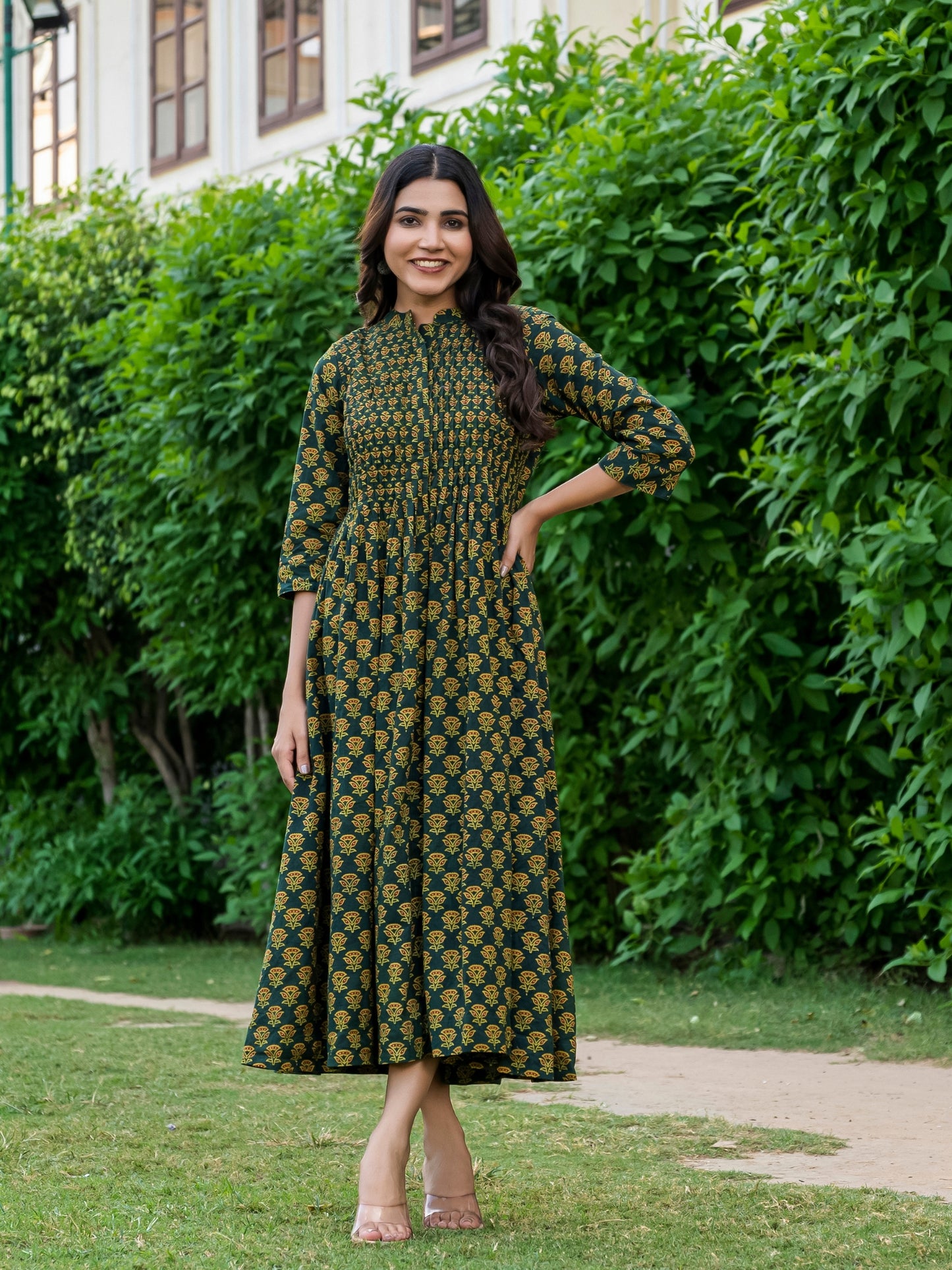 Green Ajrakh Cotton Dress with Pintuck Work