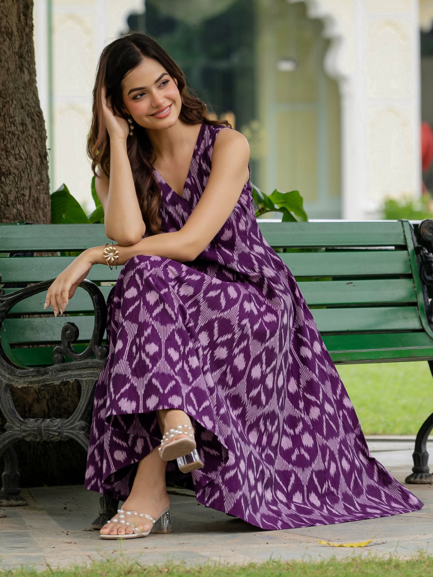 Purple ikkat sleeveless cotton dress with pockets, perfect for vacation wear and brunch outings