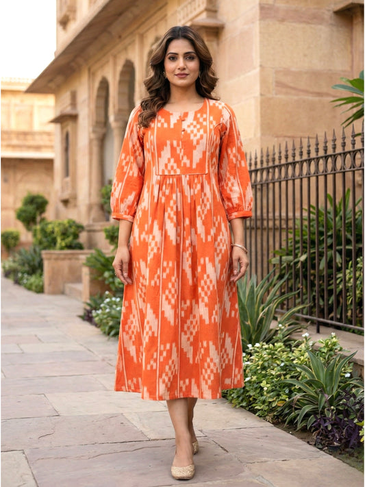 Darzaania Orange Handloom Ikat Cotton Dress