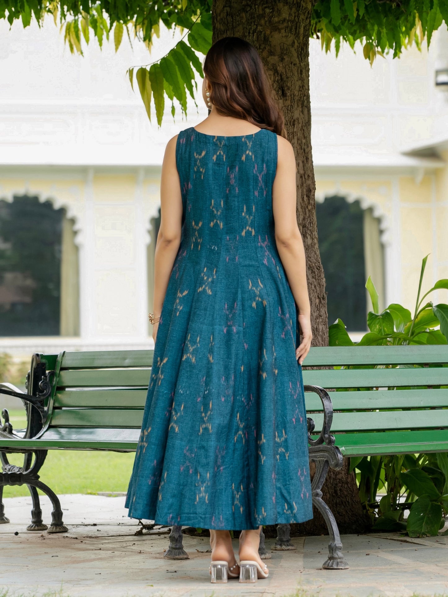 Elegant teal ikkat cotton dress, sleeveless maxi style, available in sizes S to 6XL