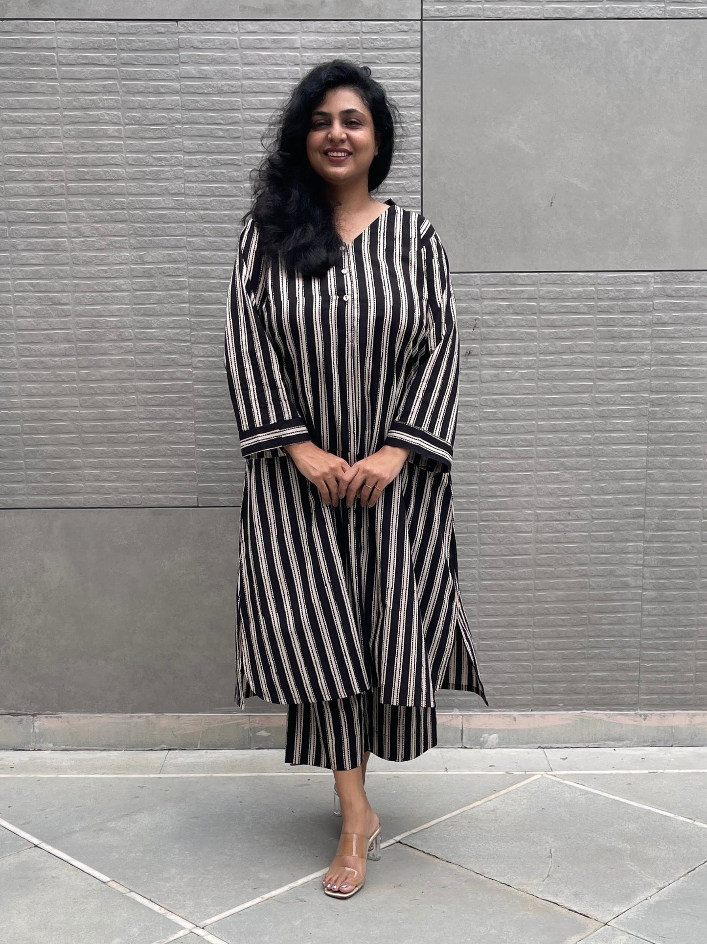 Darzaania Mehak Black Striped Handblocked Cotton Co-ord