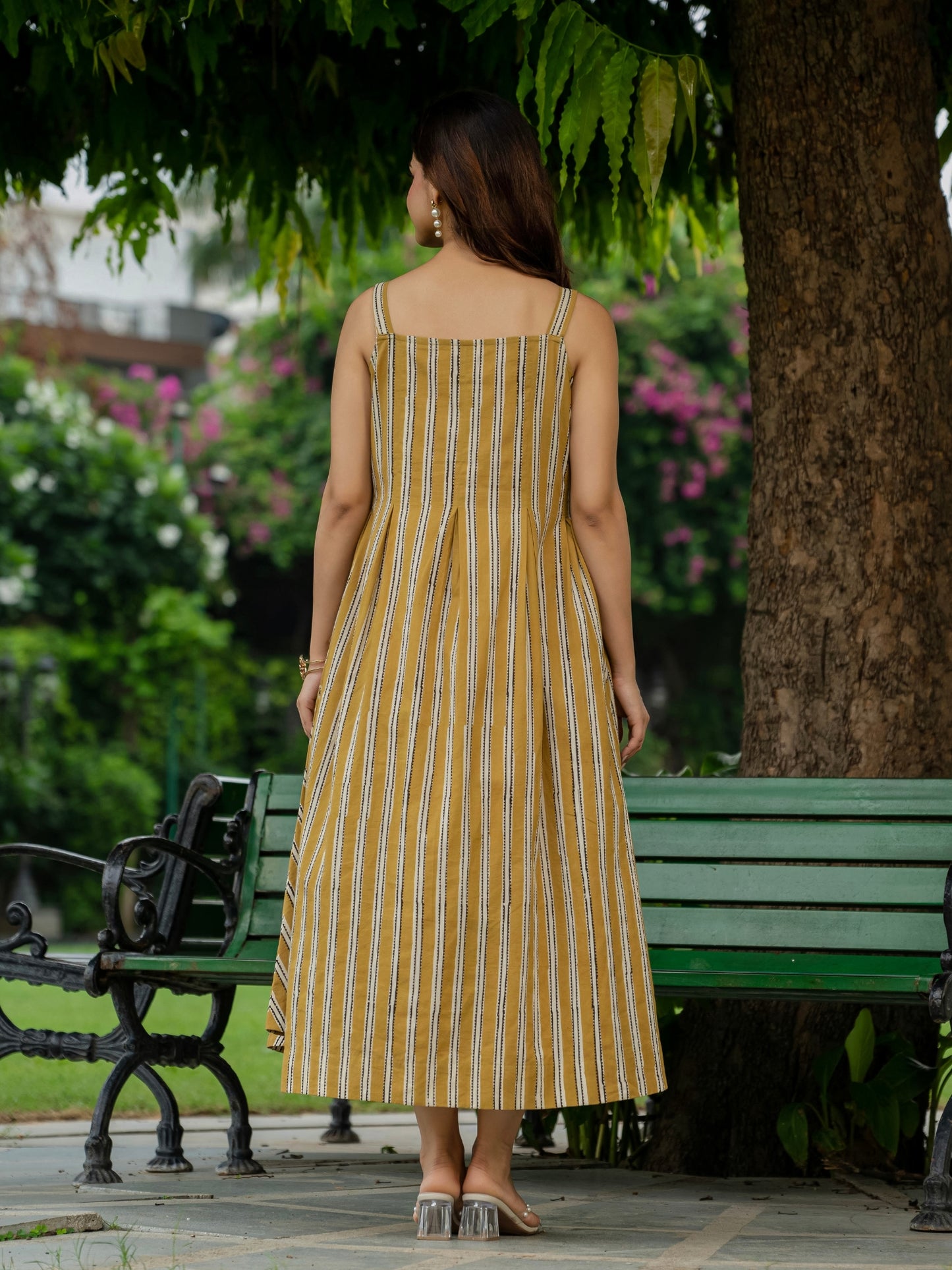 Casual mustard cotton striped dress, regular to plus sizes