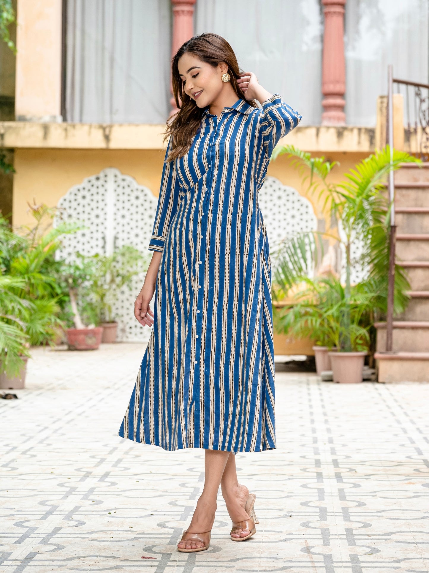Blue striped cotton button down dress for women