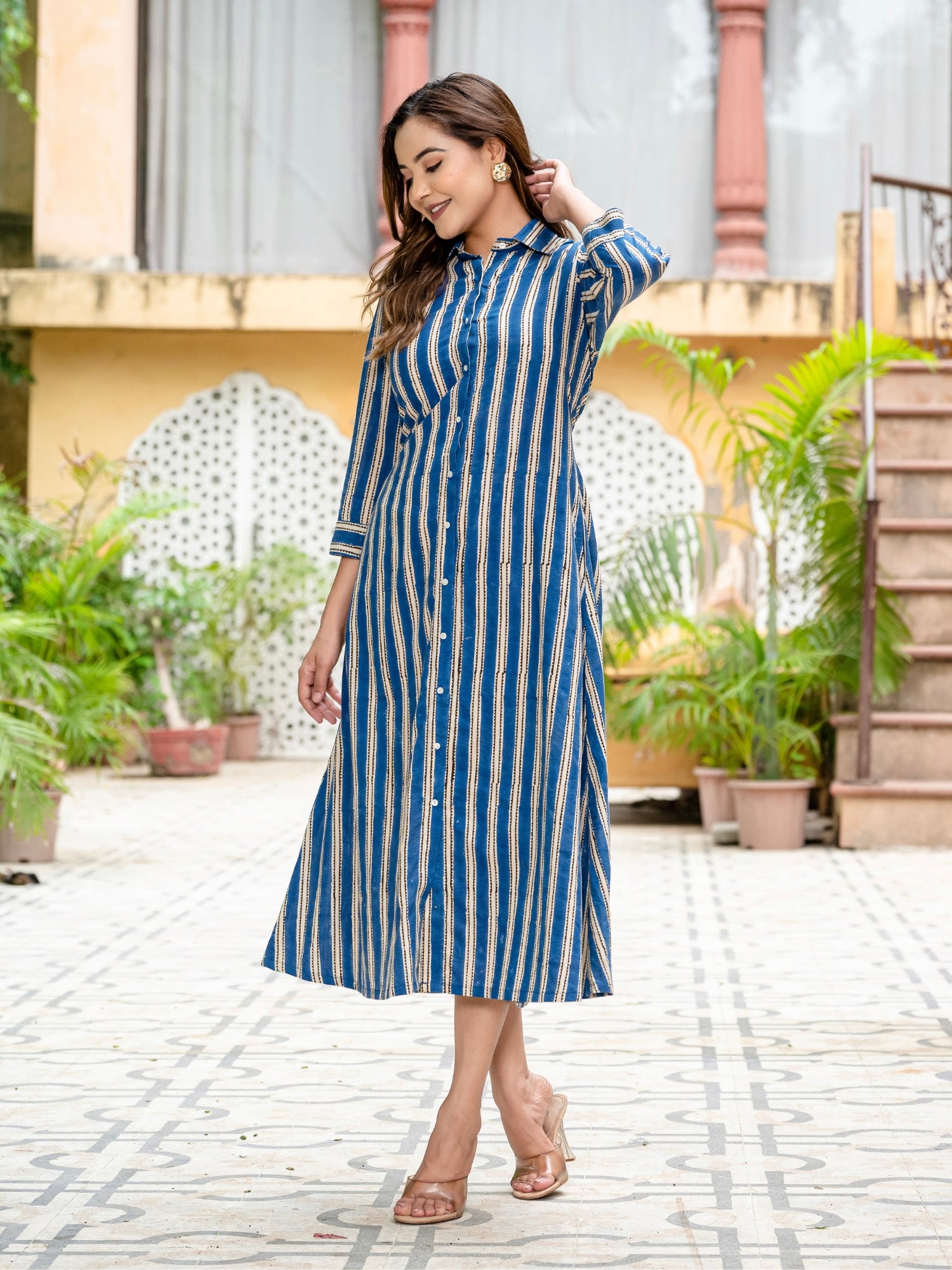 Blue striped cotton button down dress for women