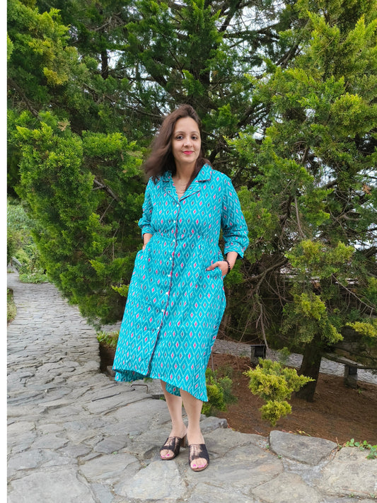 Blue button down dress for women