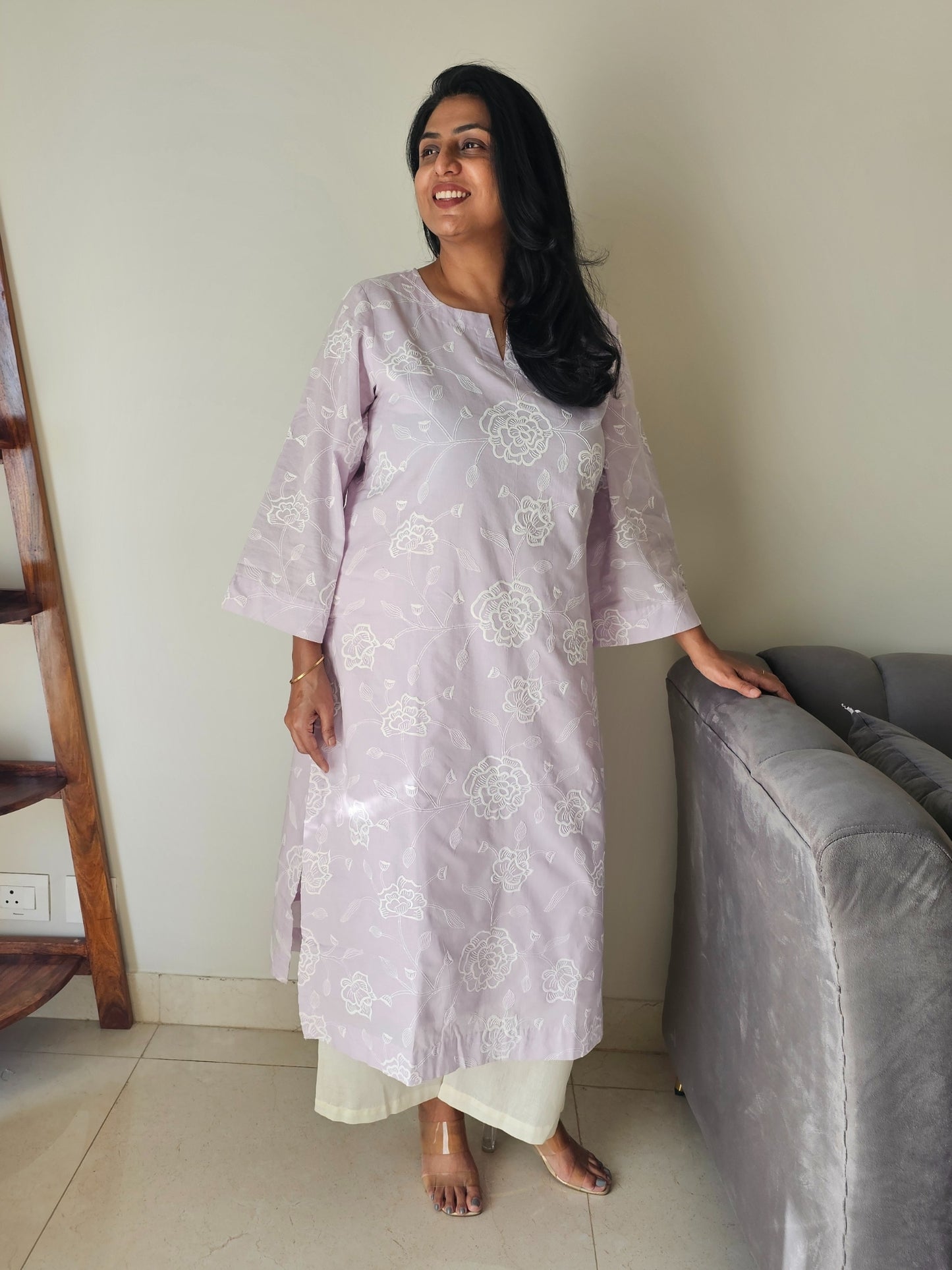 Pastel lavender kurta palazzo set with embroidery