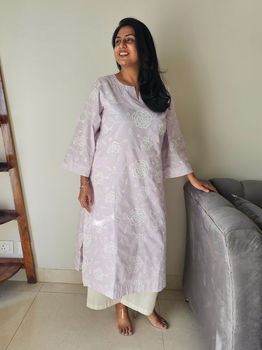 Pastel lavender kurta palazzo set with embroidery