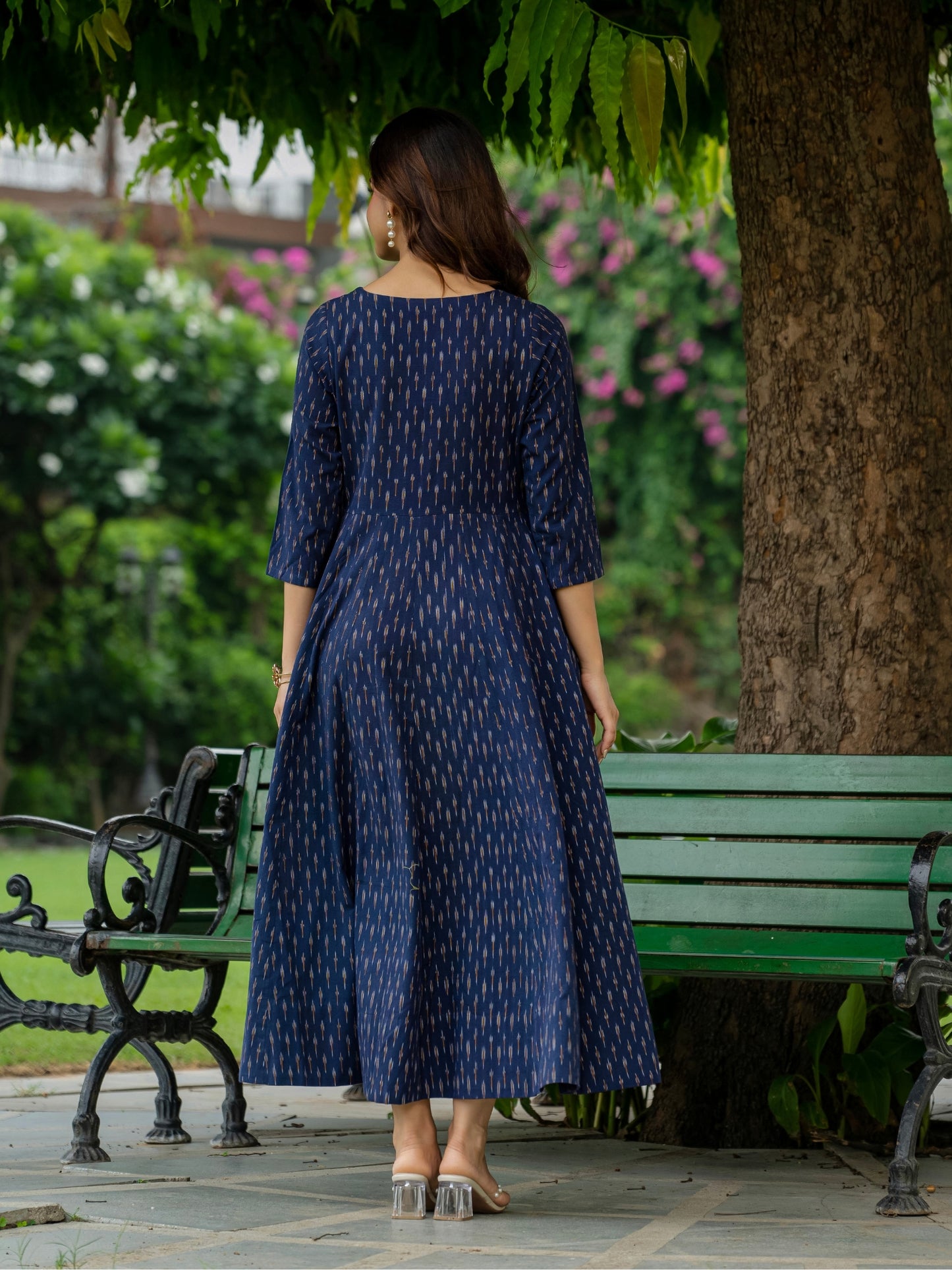 Navy Blue Ikkat cotton dresses for women by Darzaania at Craftsandlooms.com