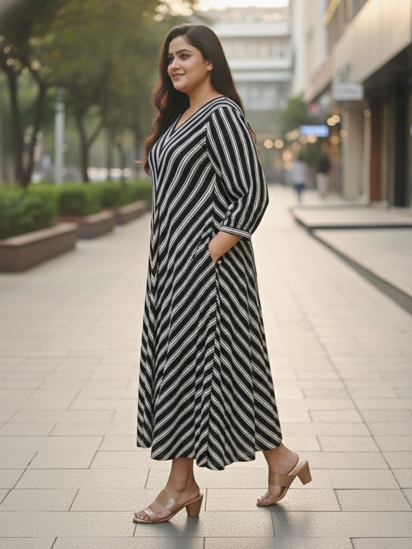 Black striped dress pocket detail, handcrafted cotton dress with functional side pocket