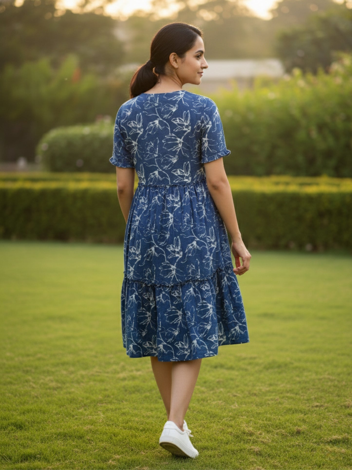 Natural Indigo Cotton Floral Midi Dress
