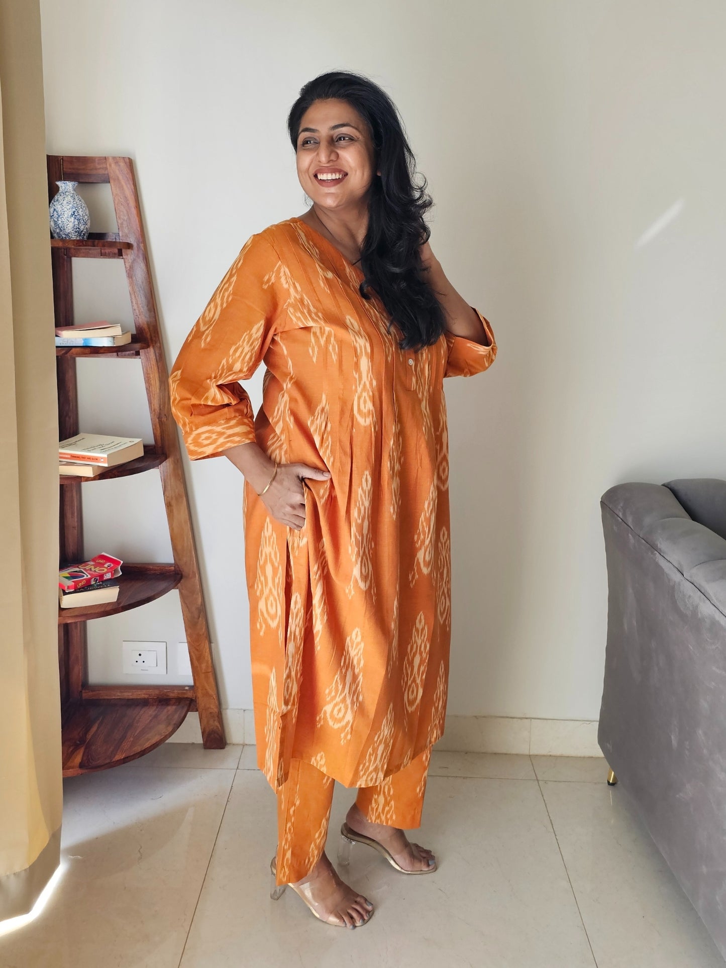 Handloom mustard ikkat co-ord set for women by Darzaania