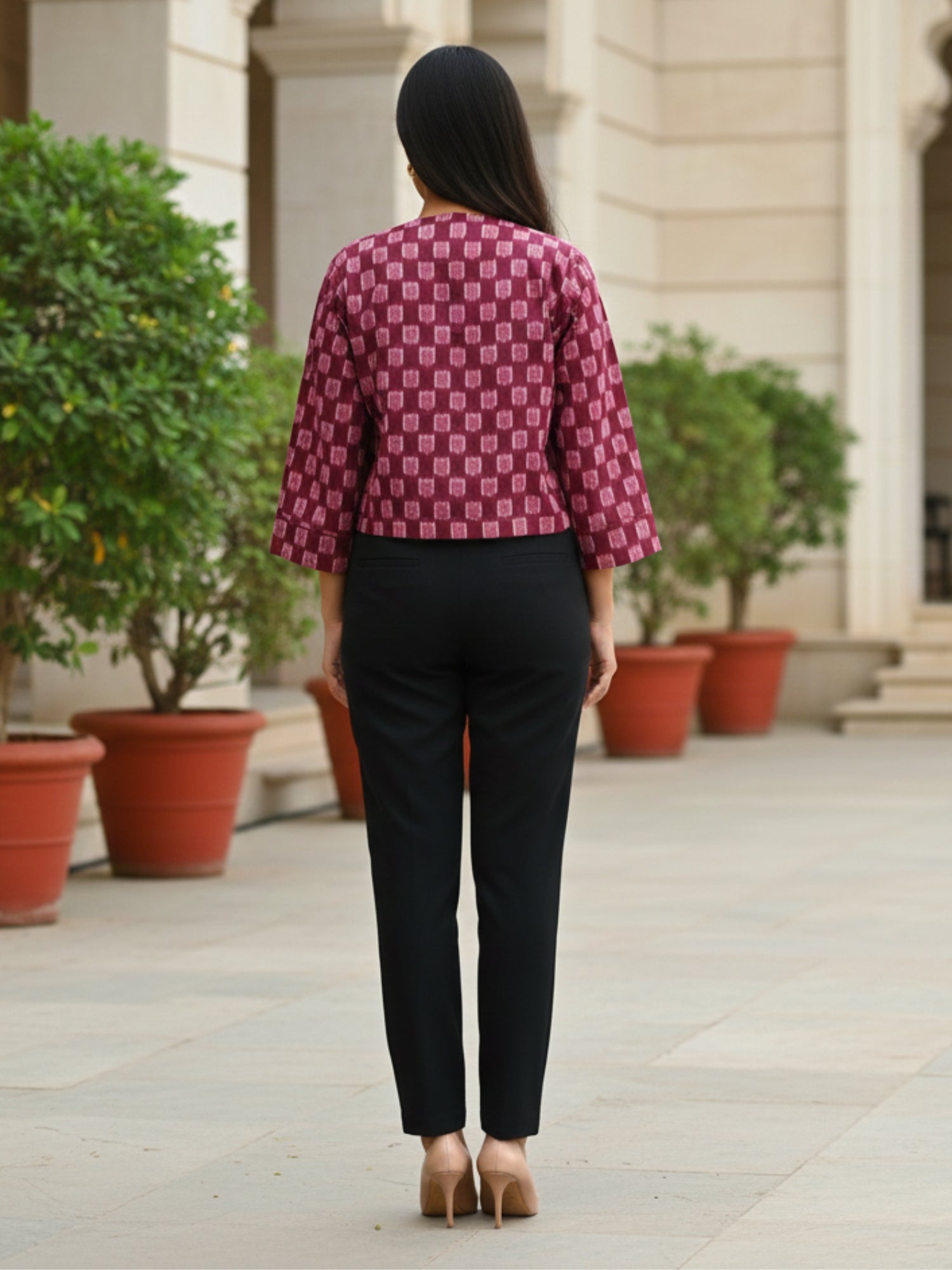 Cropped Ikat Shacket for women in pink handloom cotton