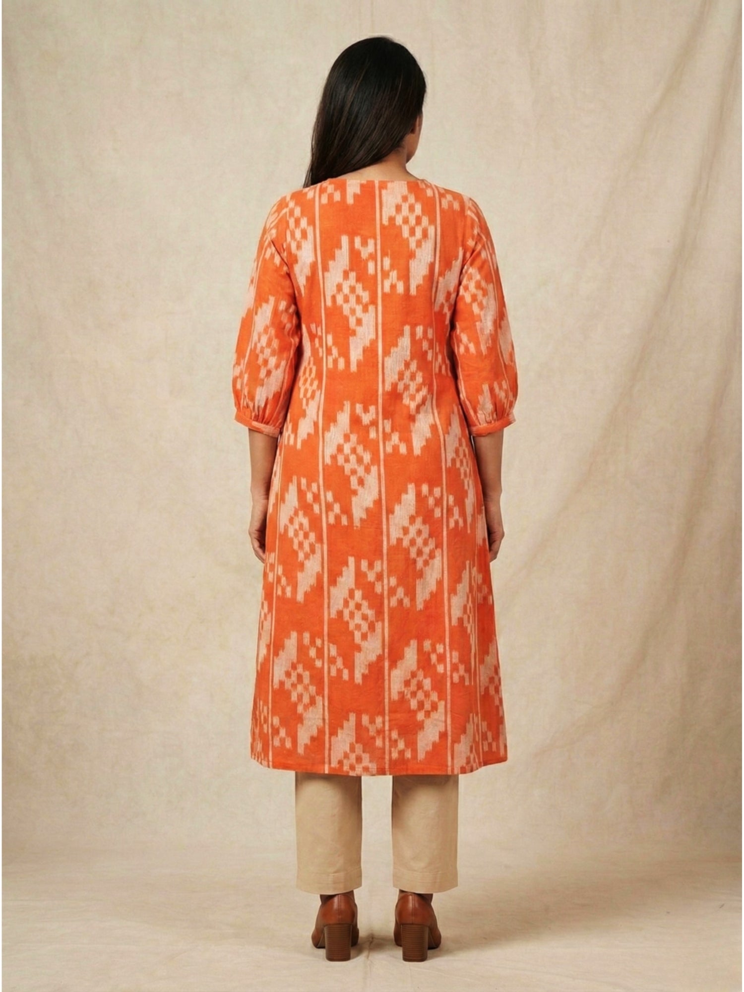 Orange Handloom Ikat Cotton Kurta S to 6XL