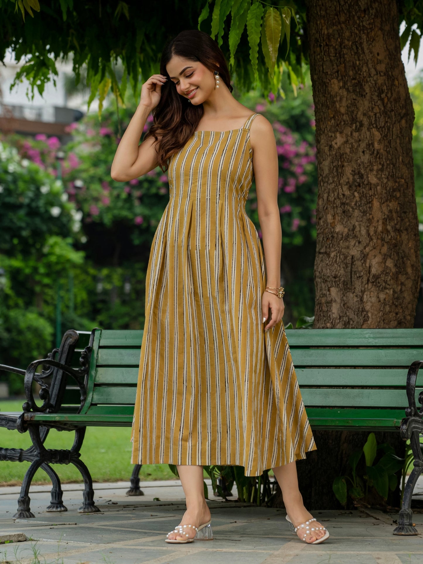 Darzaania Mustard cotton striped strap dress, chic vacation wear
