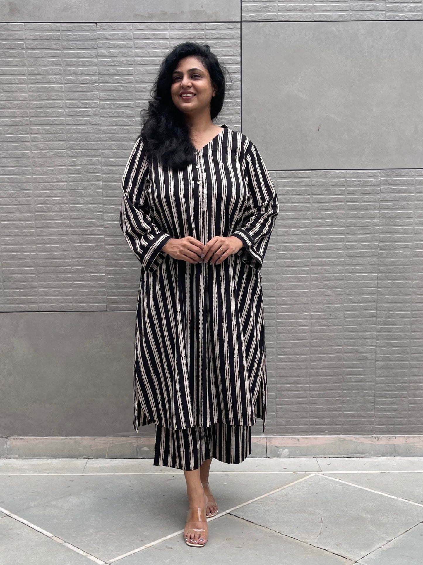 Darzaania Mehak Black Striped Handblocked Cotton Co-ord
