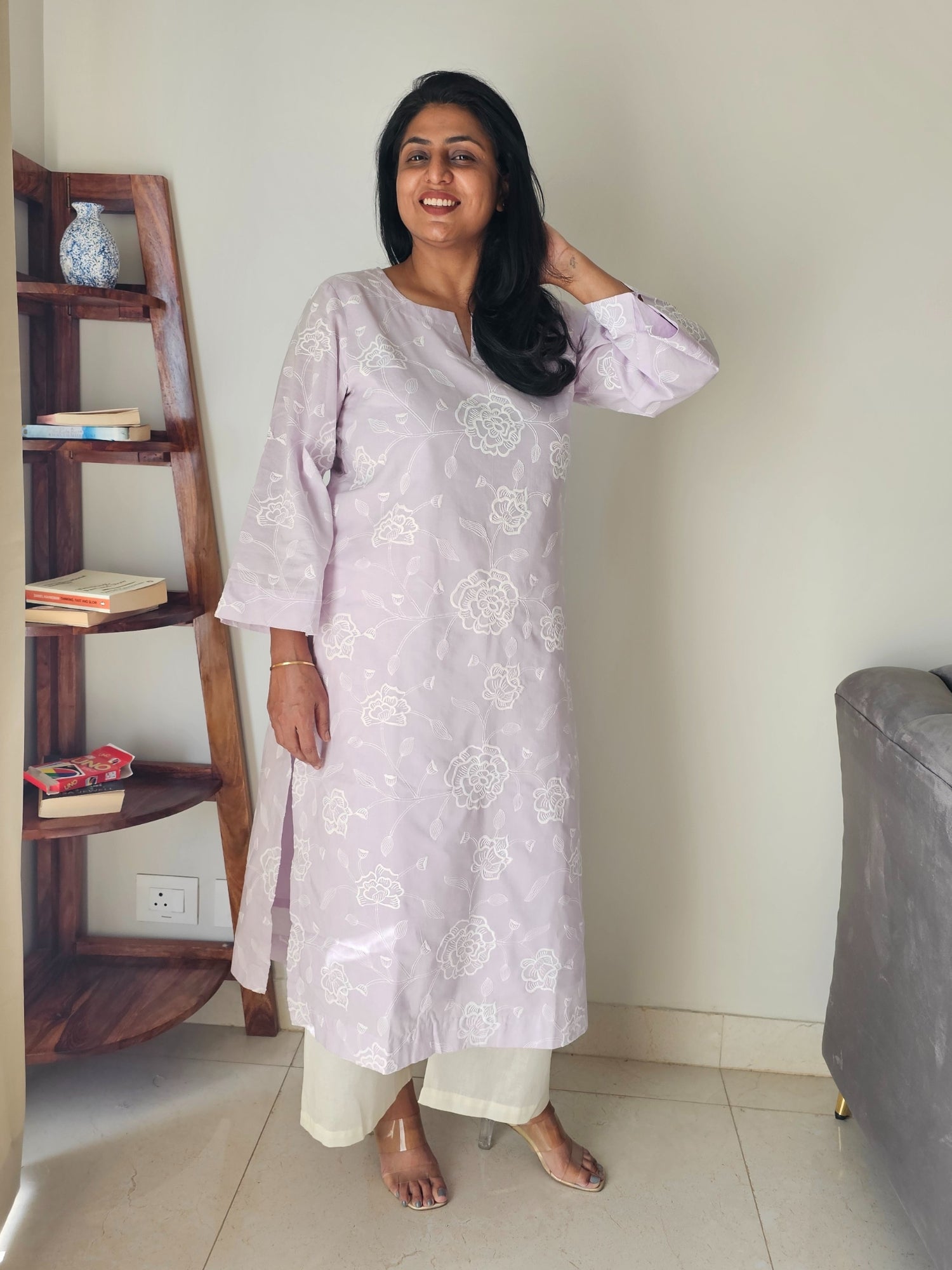 Cotton embroidered kurta with palazzo set in lavender purple color