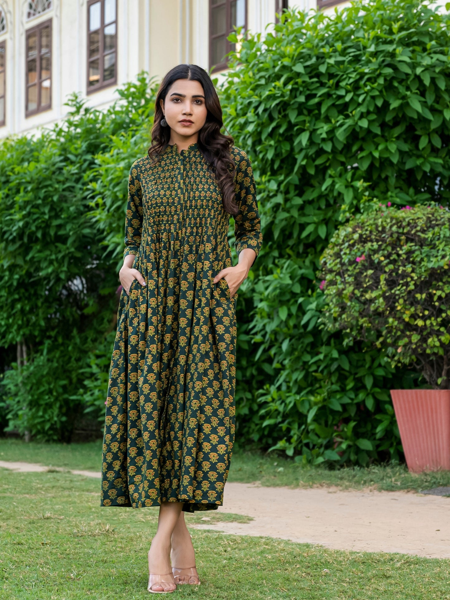 Green Pintex Work Ajrakh Cotton Dress