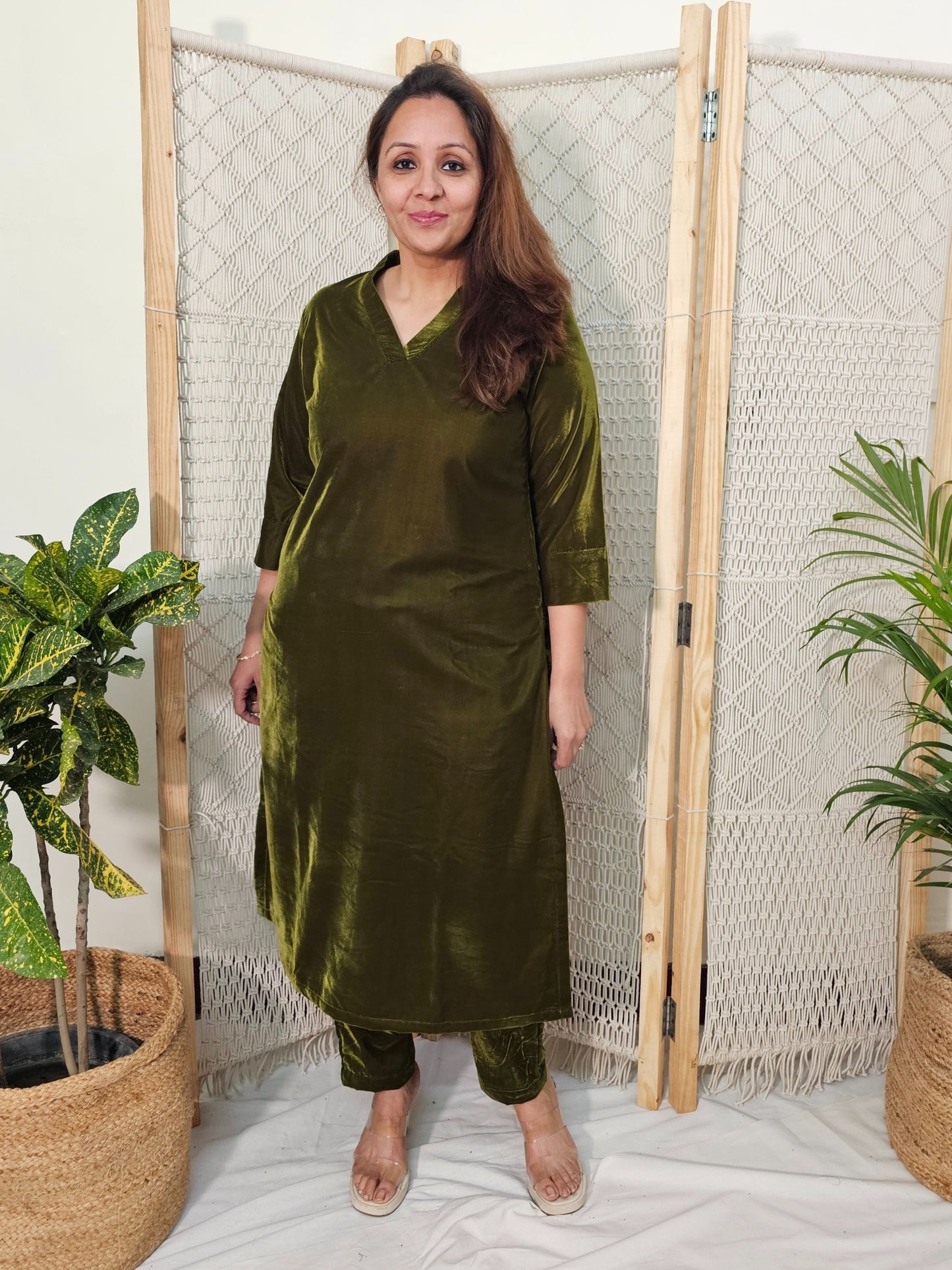 Green Velvet Kurti with Pants