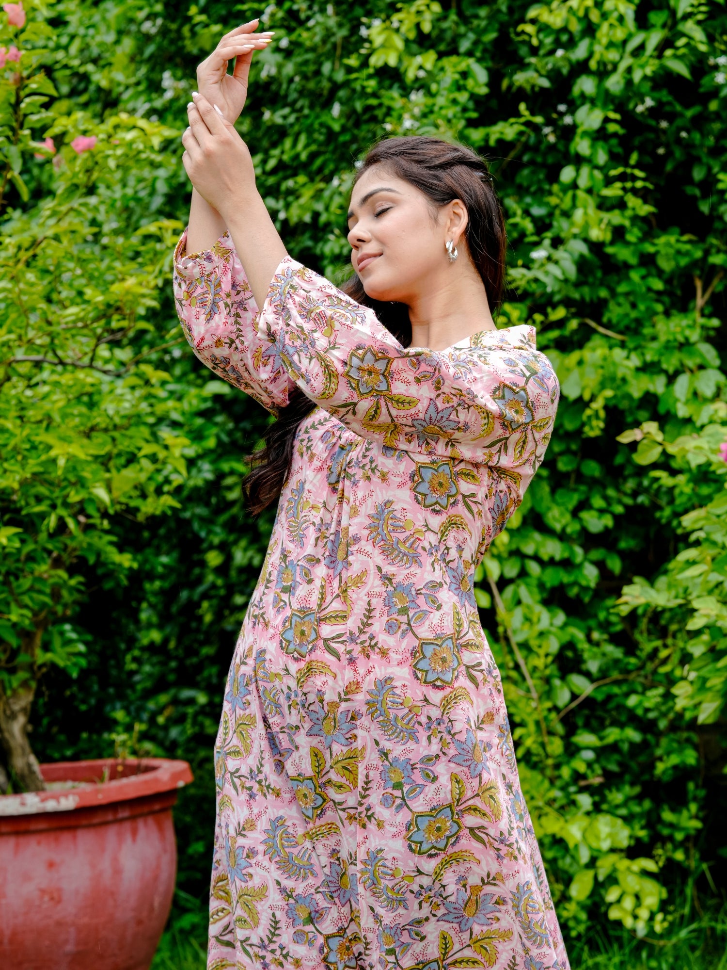 pink floral cotton midi dress for women 