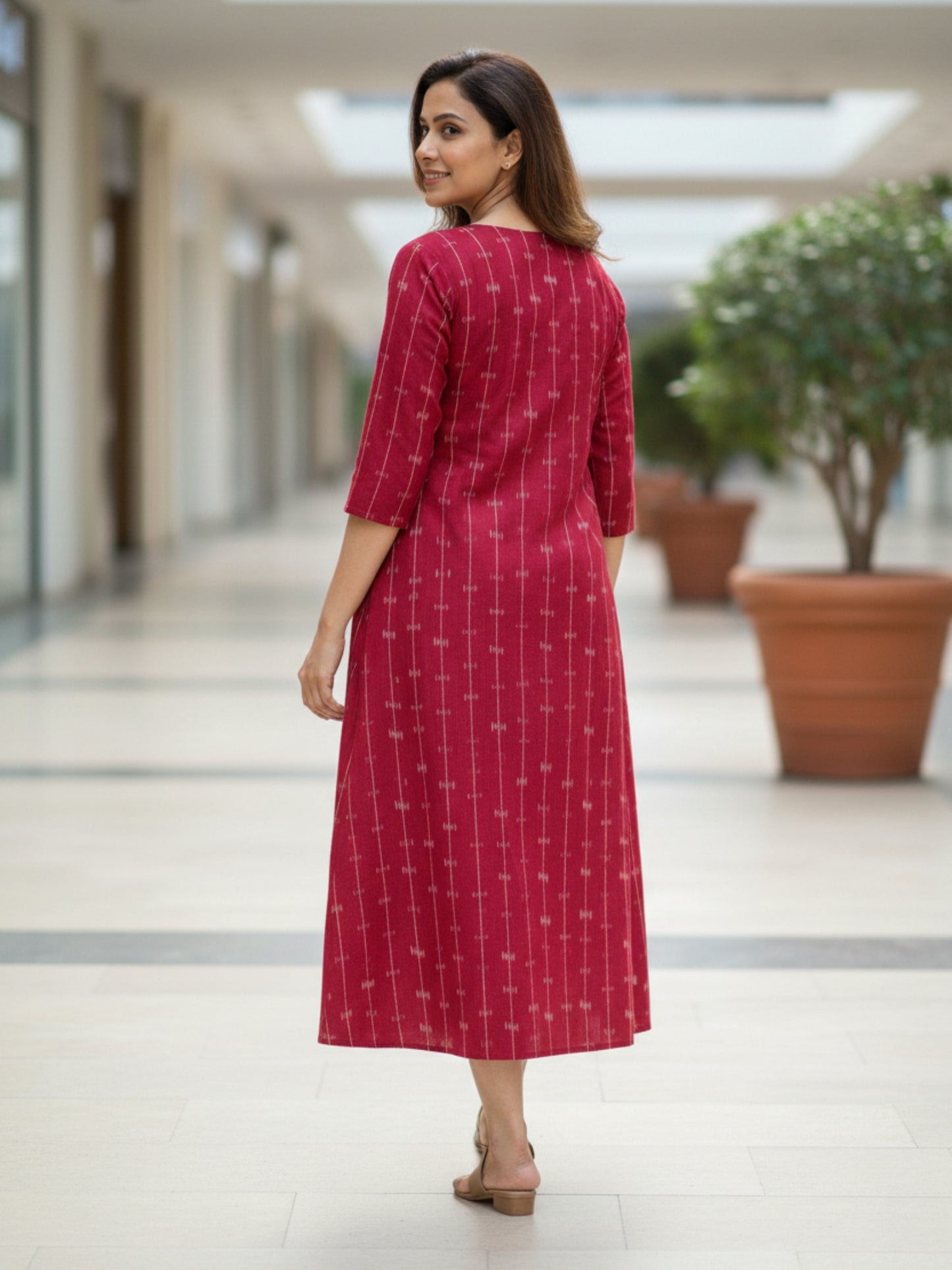 Ikat Cotton Midi Dress in Red color by Darzaania