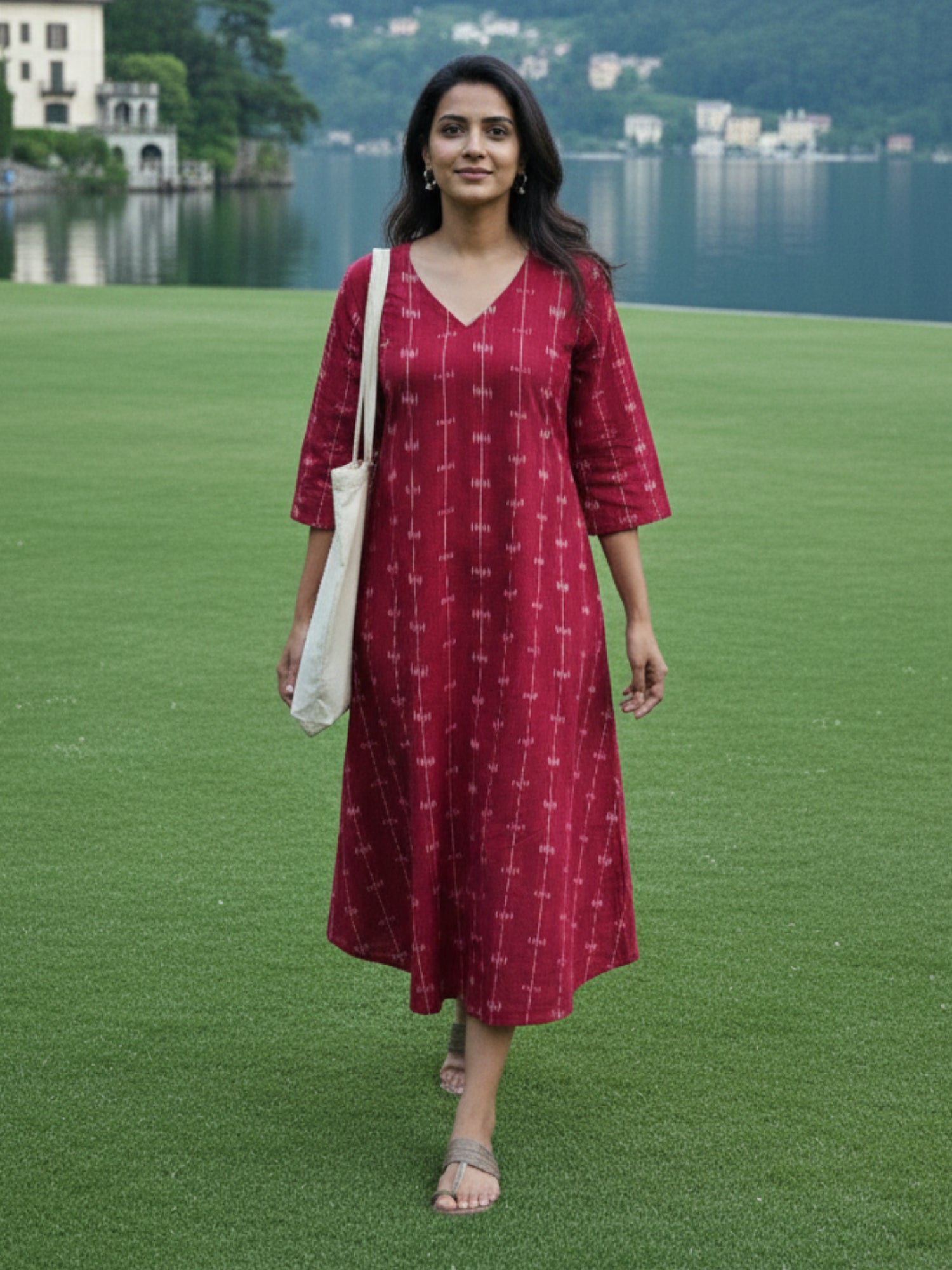 Red Vacation Wear Ikat cotton Dress for women by Darzaania