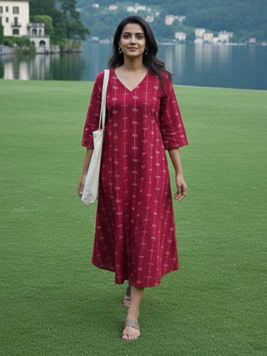 Red Vacation Wear Ikat cotton Dress for women by Darzaania