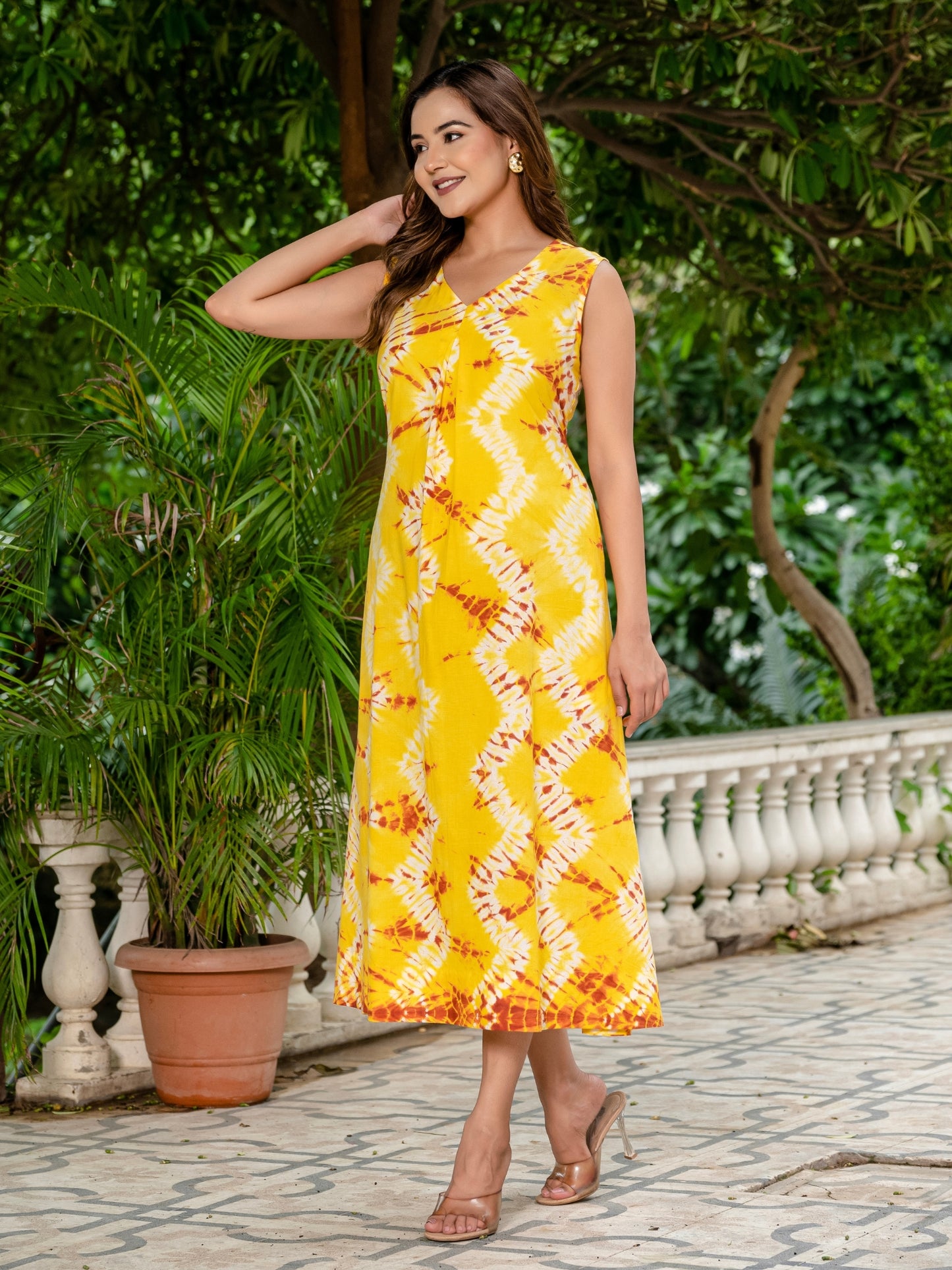 Darzaania Ananya Yellow Midi Dress in Pure Cotton