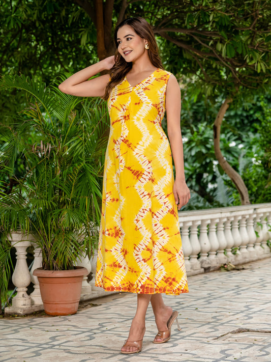 Darzaania Ananya Yellow Midi Dress in Pure Cotton