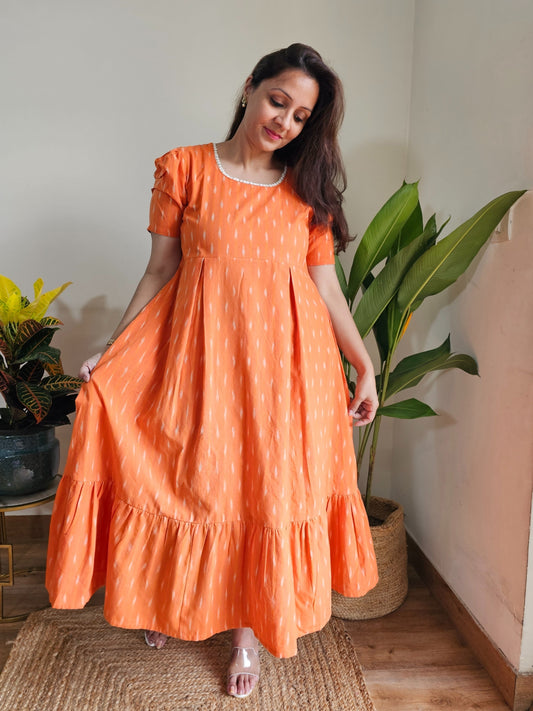 Orange Ikkat Cotton Dresses for women