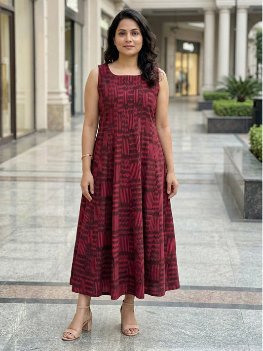 Wine ikat straight-cut midi dress for women in handloom cotton