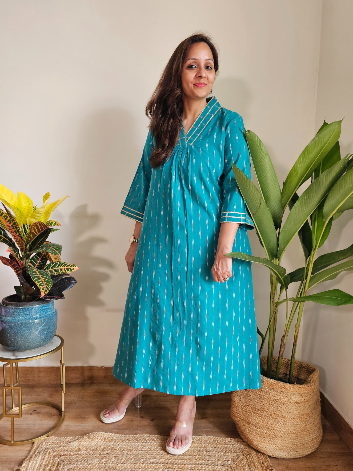 Green Ikat Cotton Dresses in Plus Sizes 
